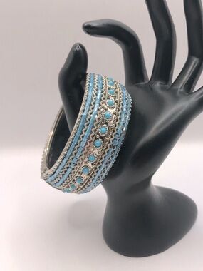 Silver-Tone Faux Turquoise Multi-Row Beaded Bangle Hinged Bracelet